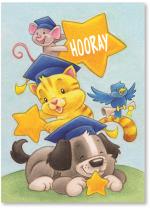 Stacked animals in graduation caps with stars