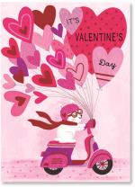 French bulldog on vespa holding heart balloons.