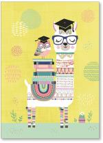 Llama and Owl wearing grad caps and carrying books