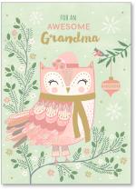 Pink owl with a hat, small blue bird and leaves.