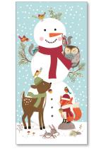 Snowman being decorated by woodland animals.