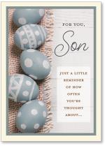 Blue eggs on burlap with long copy