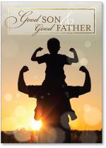 Photo of silhouette dad and son on shoulders flexing