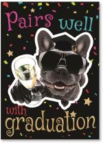 Dog with sunglasses holding up champagne
